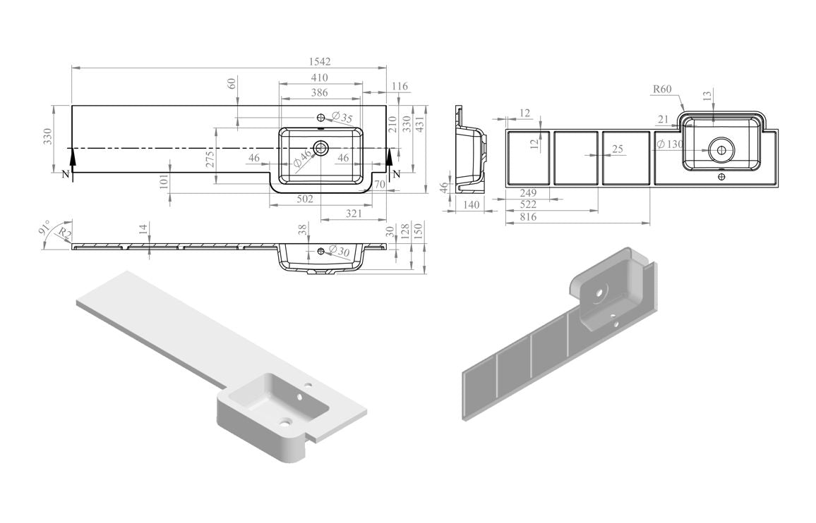 Picpoul 1542mm Basin, WC & 1 Drawer, 1 Door Unit Pack - Matt Sage Green