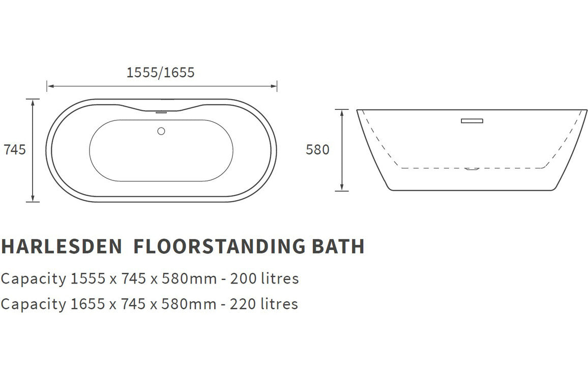 Penygarreg Freestanding 1655x745x580mm 0TH Bath - Black