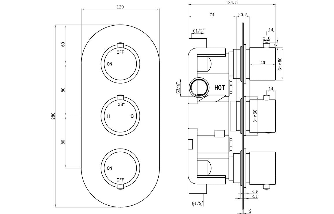 Astro Shower Pack Four - Two Outlet Triple Shower Valve with Riser & Overhead Kit
