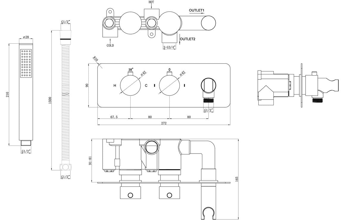 Lyra Shower Pack One - Two Outlet Twin Shower Valve with Handset & ABS Overhead