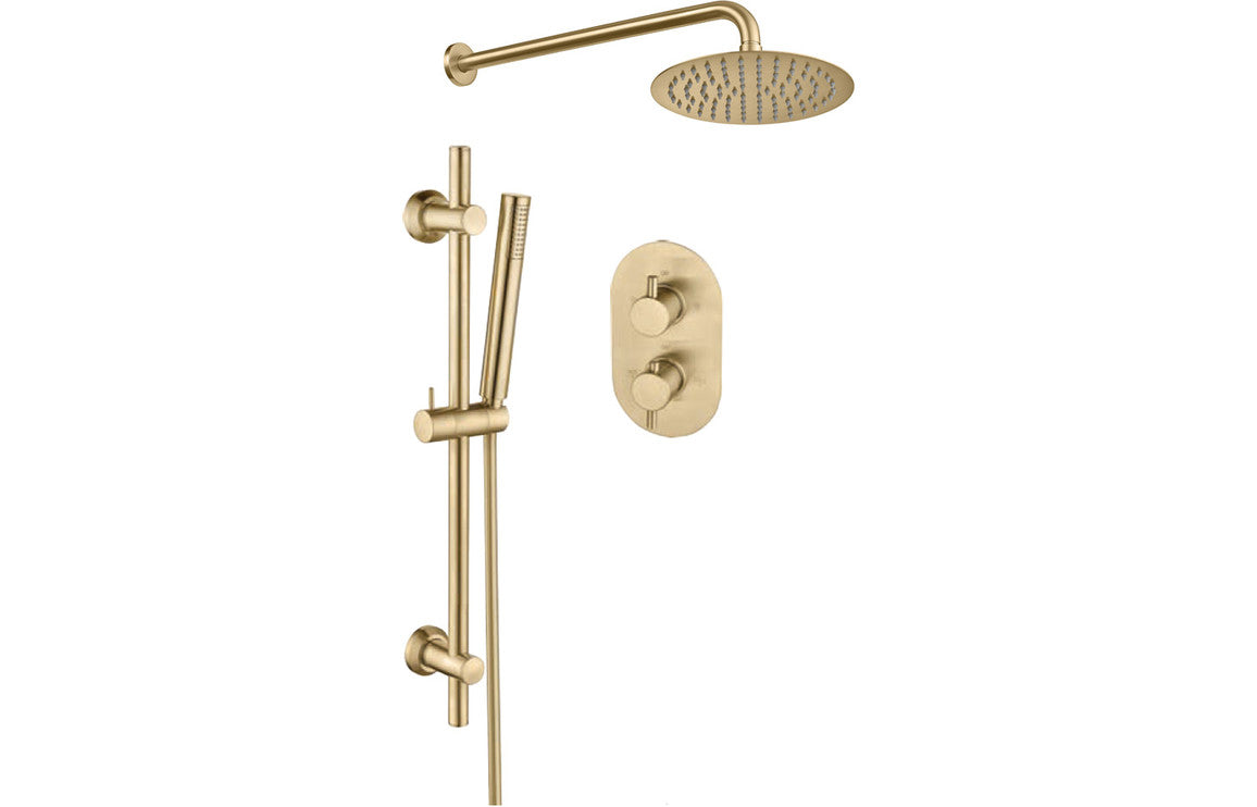 Round Thermostatic Shower Valve with Riser & Overhead Kit - Brushed Brass