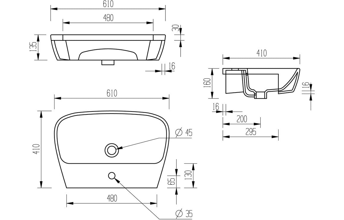 Amber 605x410mm 1TH Semi Recessed Basin