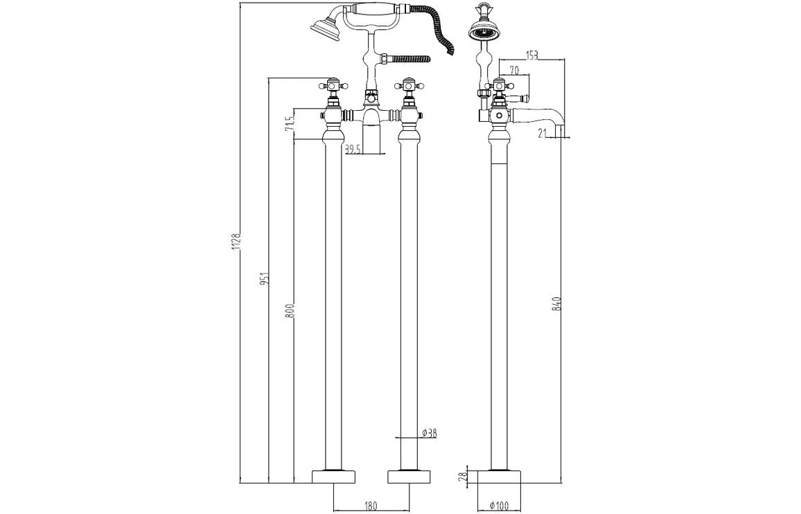 Marlow Floor Standing Bath/Shower Mixer & Shower Kit - Brushed Brass