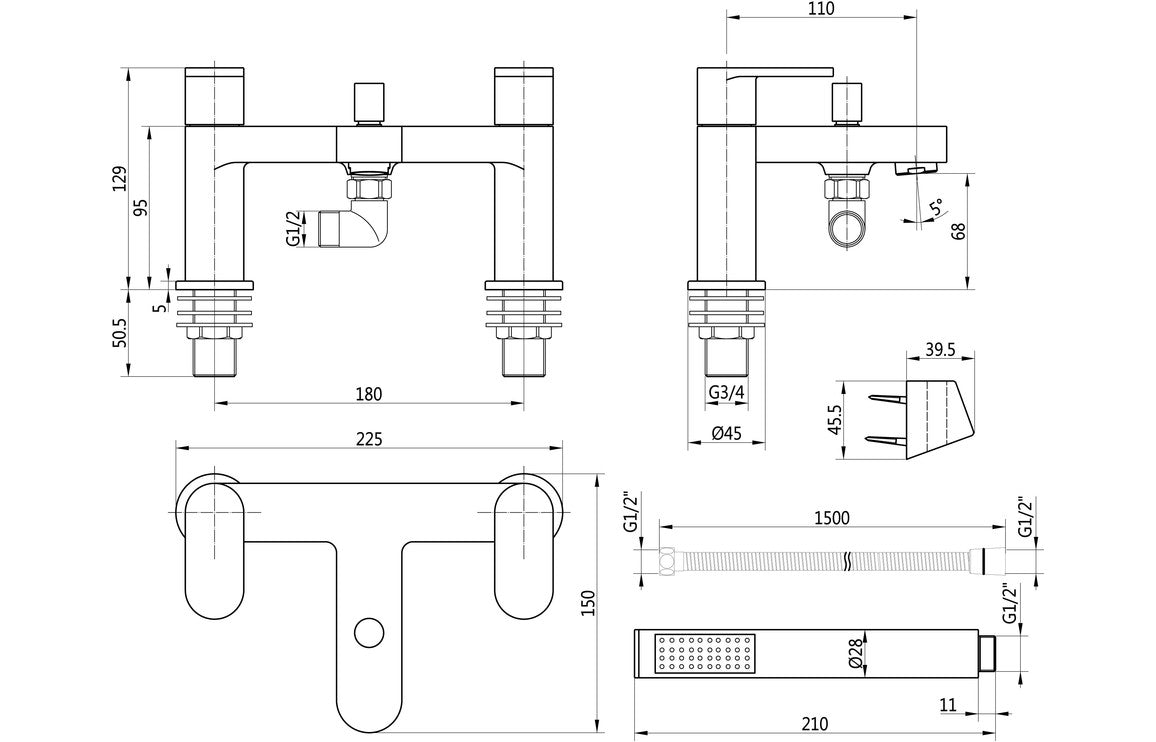Sassano Bath/Shower Mixer & Bracket - Chrome