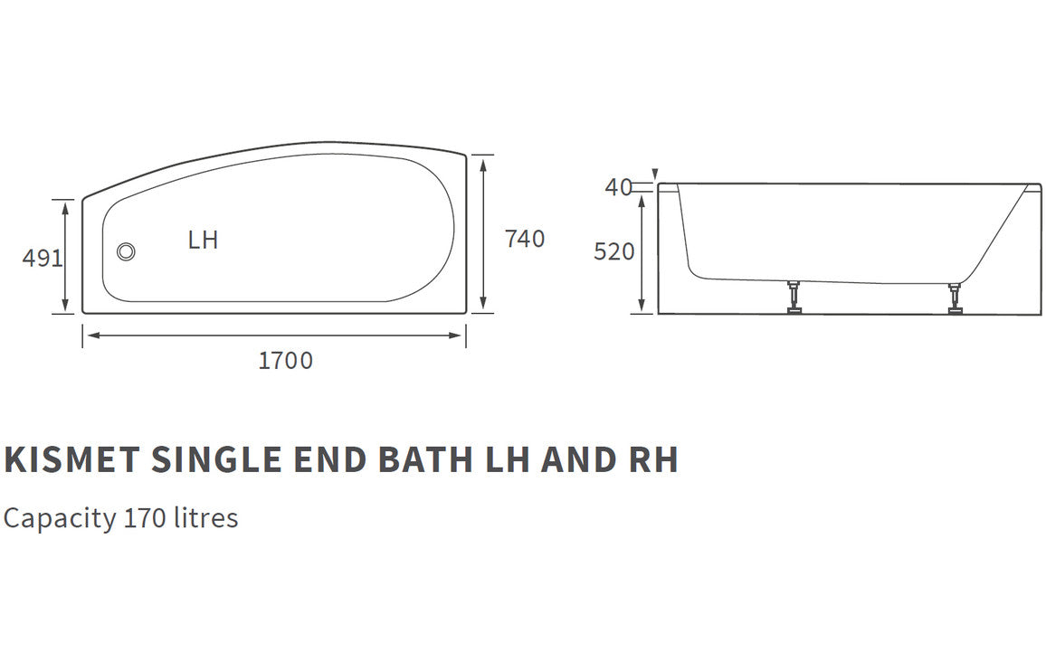Kismet Space Saving Shower Bath 1700x740mm