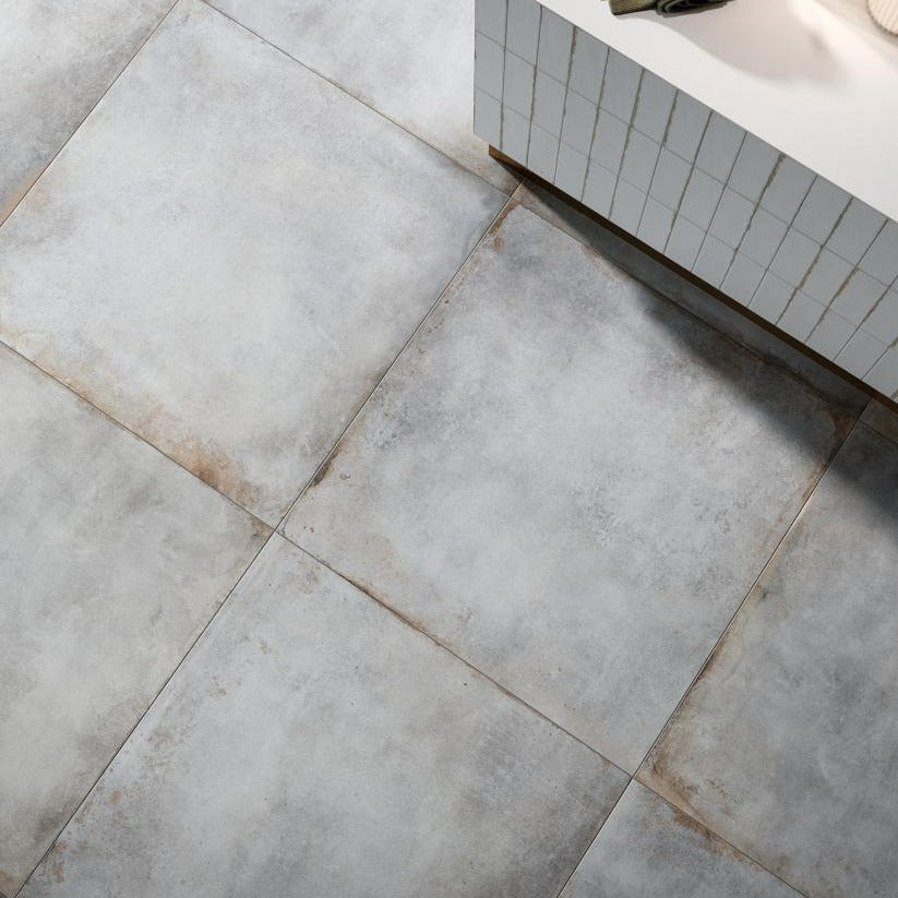Manhattan Concrete Effect Light Grey and Copper Porcelain Tile 80x80cm