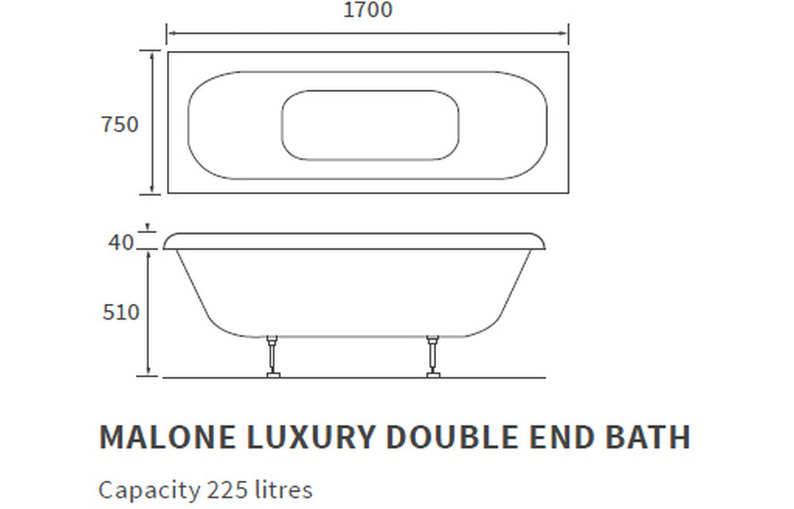 llwyn Deluxe Square Double Ended 1700x750x550mm 0TH Bath w/Legs