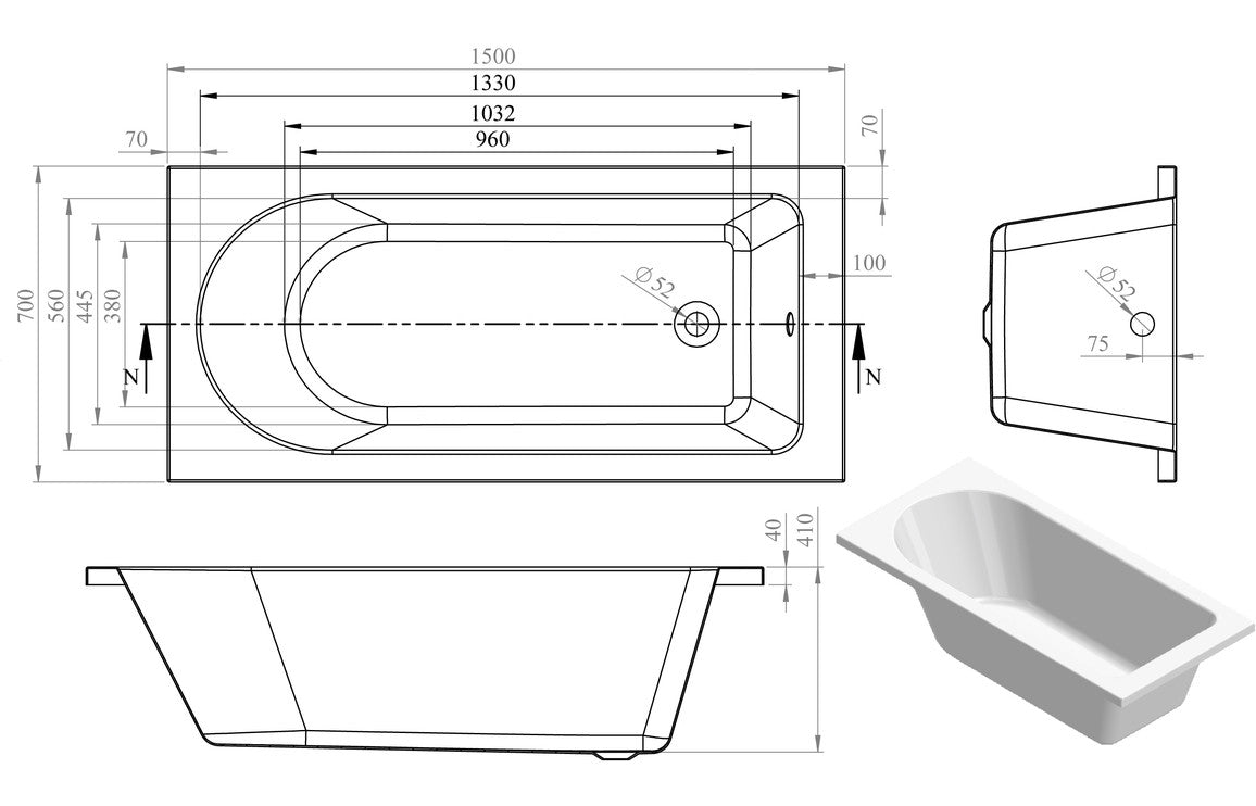 Penderyn Round Single Ended 1500x700x550mm 0TH Bath w/Legs