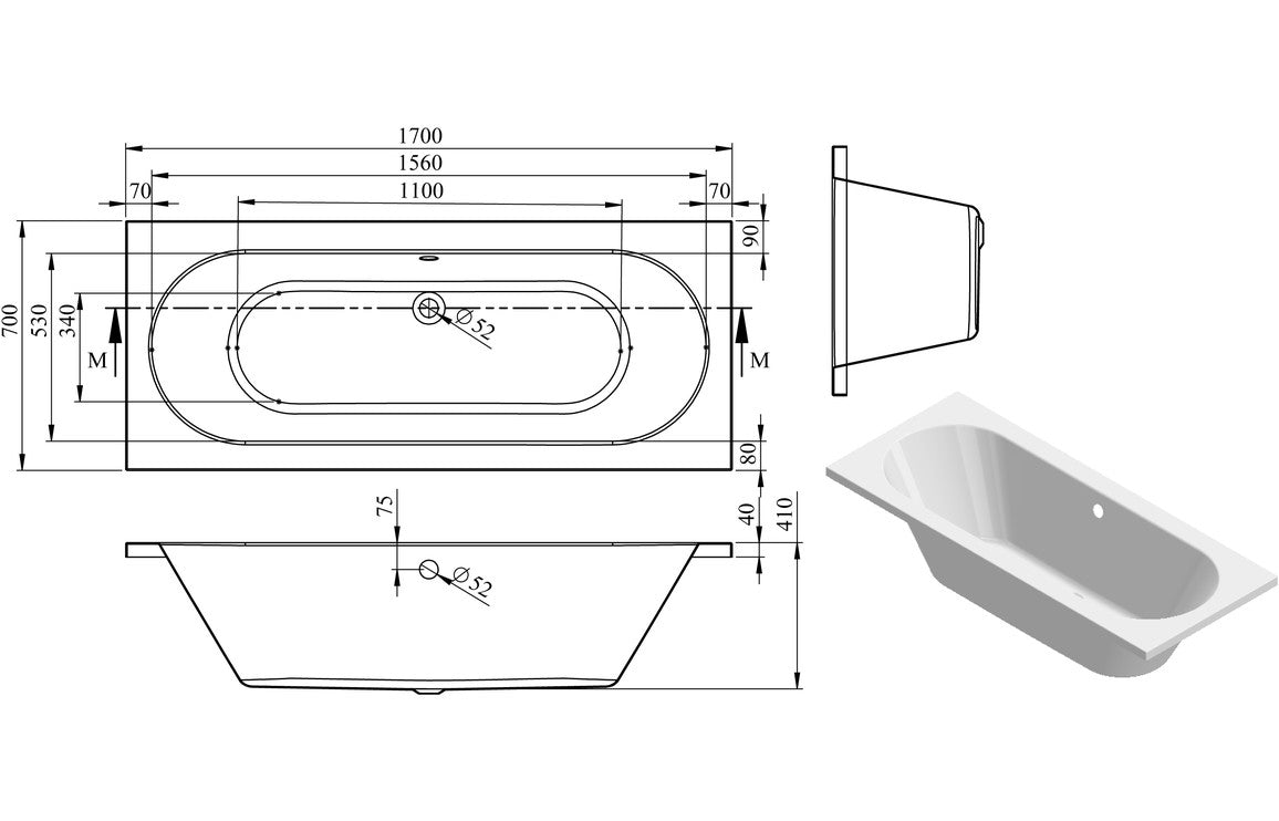 Penderyn Round Double Ended 1700x700x550mm 0TH Bath w/Legs