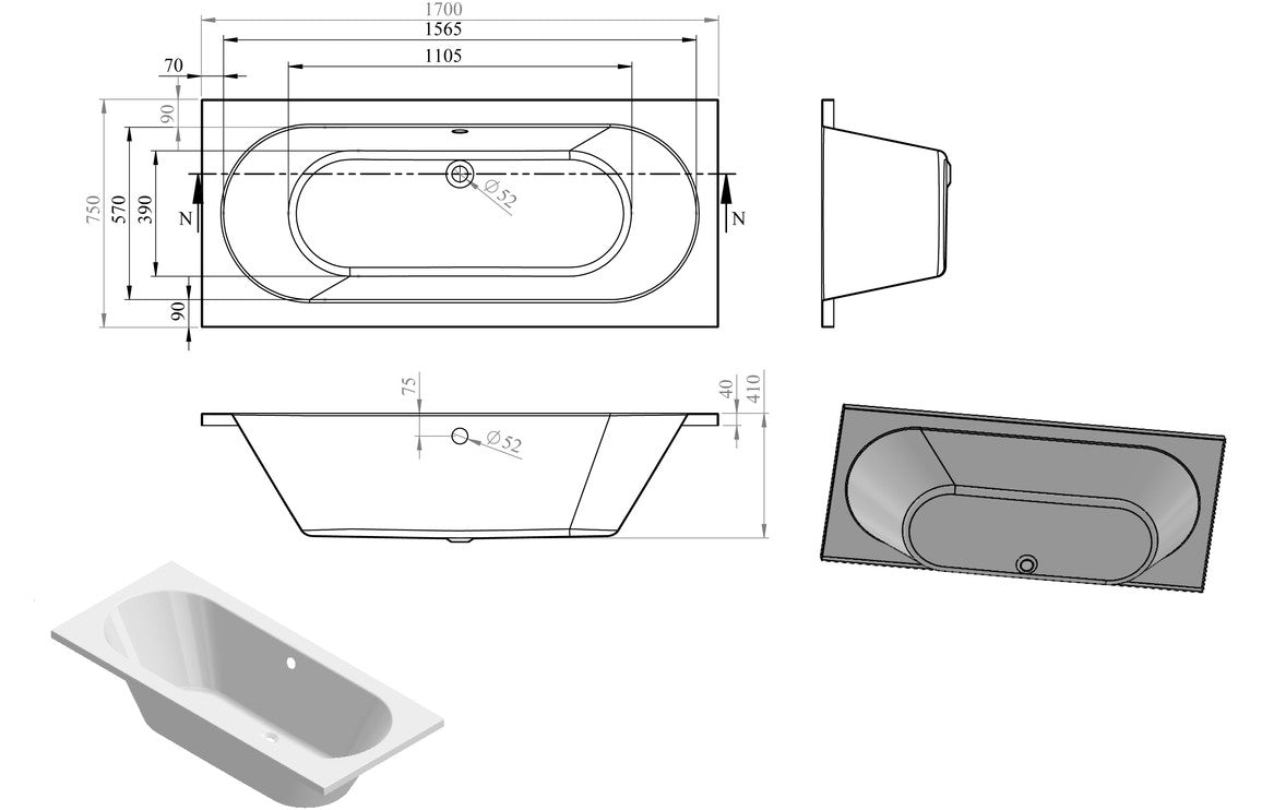 Penderyn Round Double Ended 1700x750x550mm 0TH Bath w/Legs