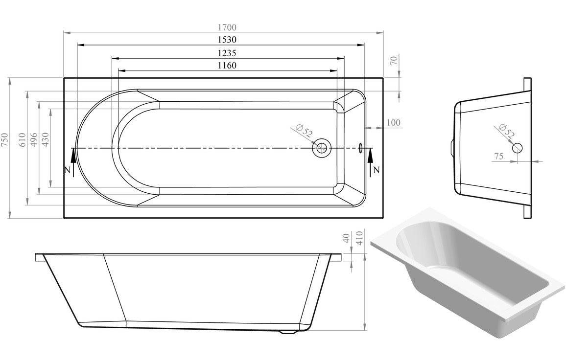 Penderyn Round Single Ended SUPERCAST 1700x750x550mm 0TH Bath w/Legs