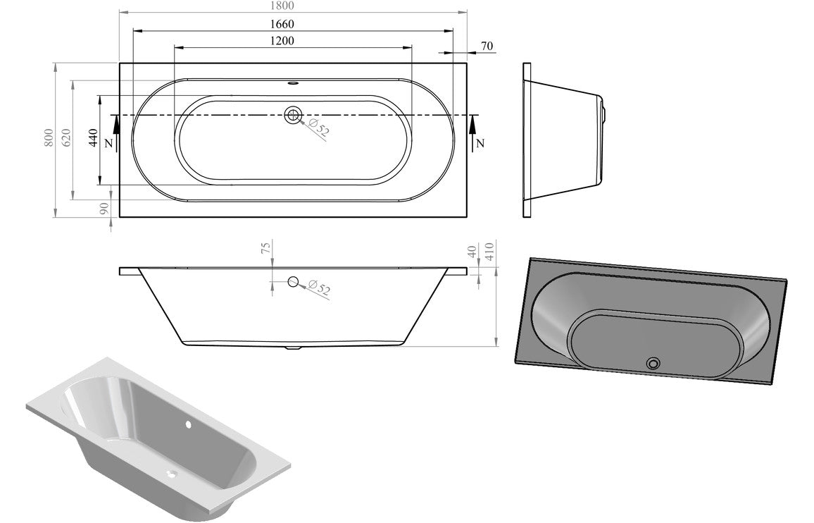 Penderyn Round Double Ended 1800x800x550mm 0TH Bath w/Legs