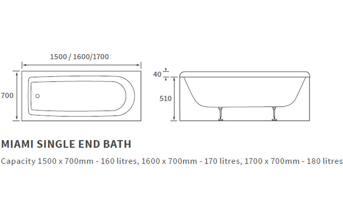 Penderyn Round Single Ended 1600x700x550mm 0TH Bath w/Legs