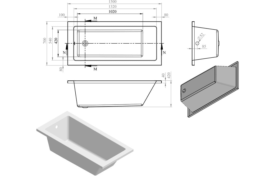 Llandegfedd Square Single Ended 1500x700x550mm 0TH Bath w/Legs