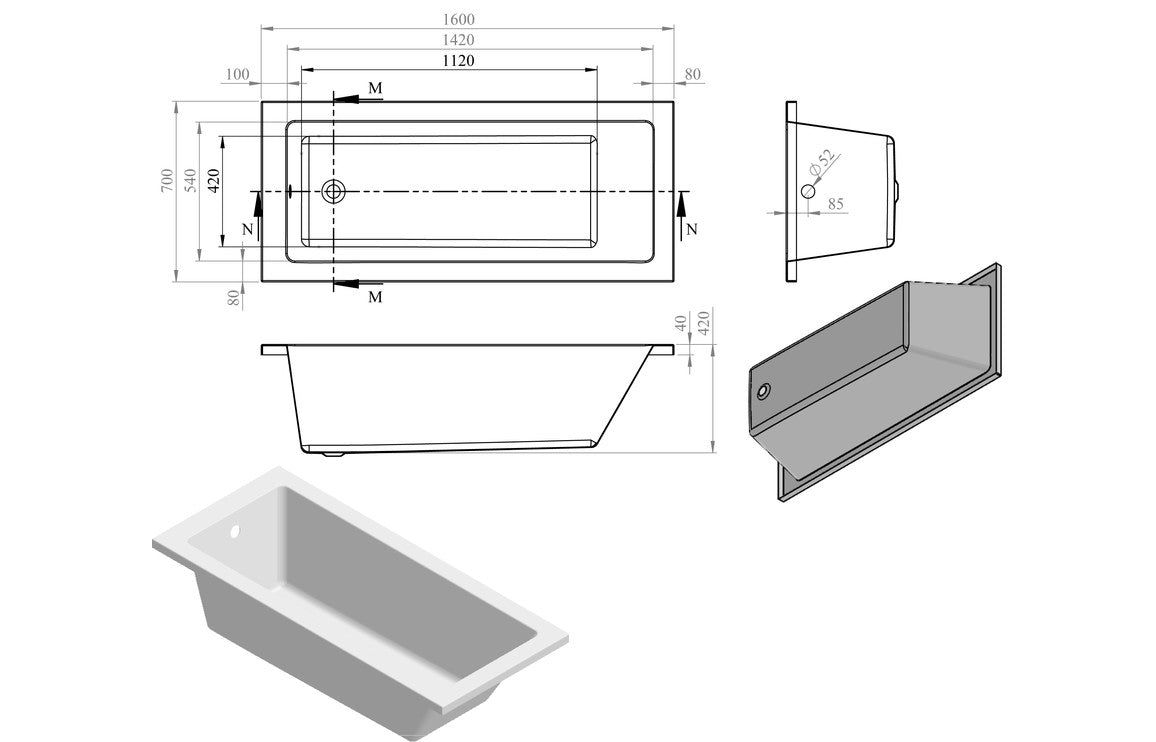 Llandegfedd Square Single Ended 1600x700x550mm 0TH Bath w/Legs