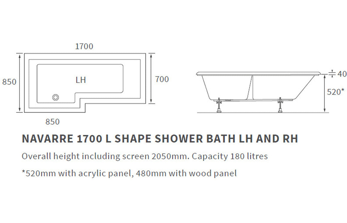 Llandegfedd L Shape 1700x850x560mm 0TH Shower Bath Pack