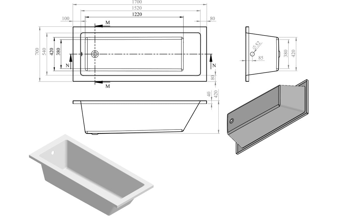 Llandegfedd Square Single Ended 1700x700x550mm 0TH Bath w/Legs