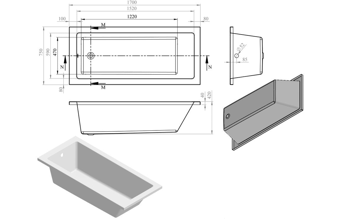 Llandegfedd Square Single Ended 1700x750x550mm 0TH Bath w/Legs