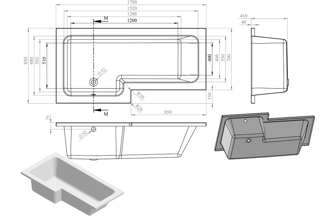 L-Shape Single End 1700x700-850x410mm 0TH Bath Only