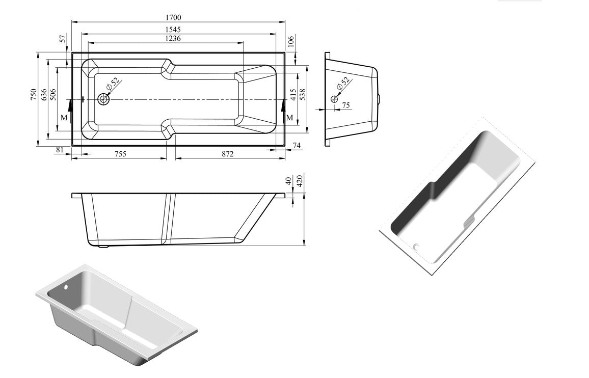 Llanishen Straight 1700x750x550mm 0TH "C" Shower Bath w/Legs