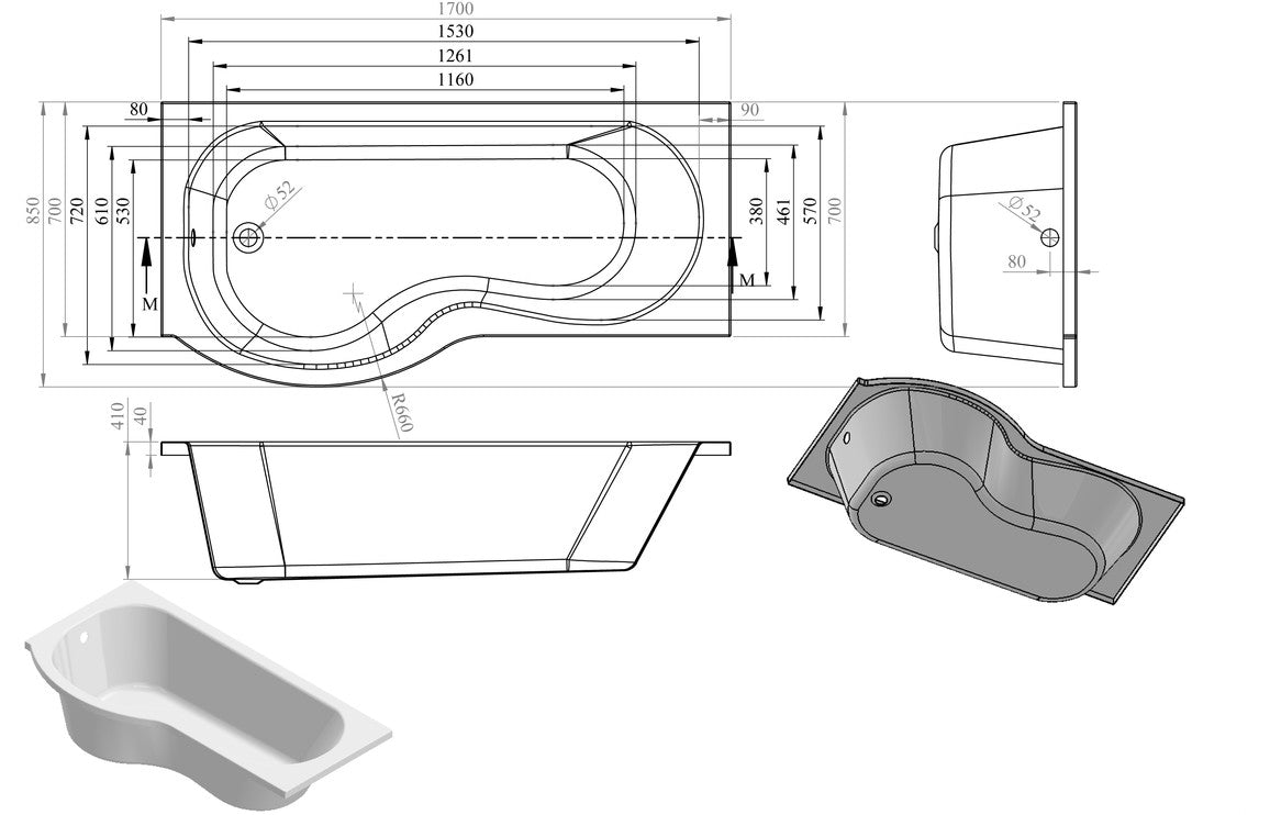 P-Shape Single End 1700x700-850x410mm 0TH Bath Only