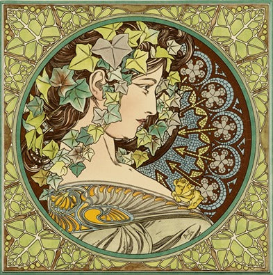 Original Style Artworks Alphonse Mucha Lady & Ivy On County White
