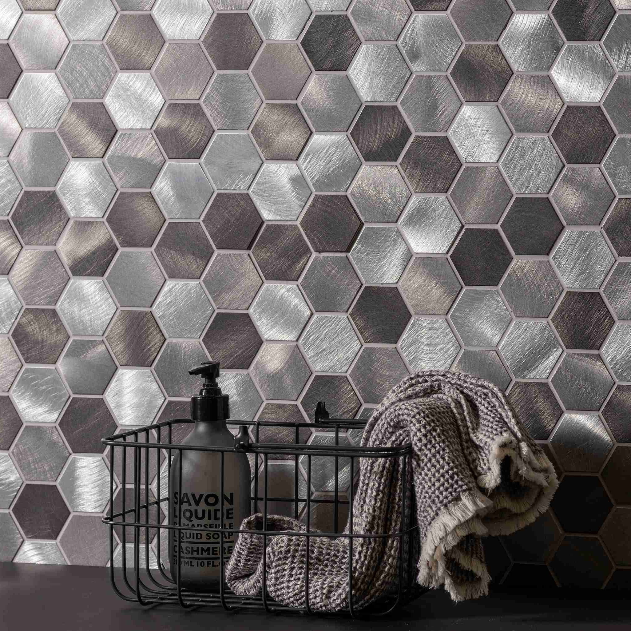 Original Style Mosaics Rhea Grey and Silver Mixed Hexagon Mosaic Tile 30x30cm