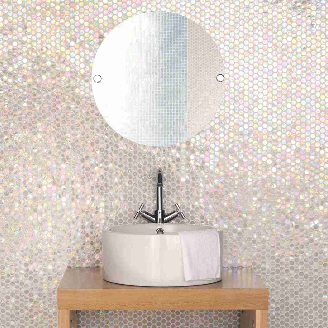 Original Style Mosaics White Lady Iridescent Round Glass Mosaic Tile 29x29cm