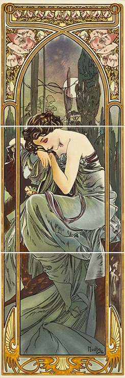 Original Style Artworks Alphonse Mucha Nocturnal Slumber 3-Tile Panel
