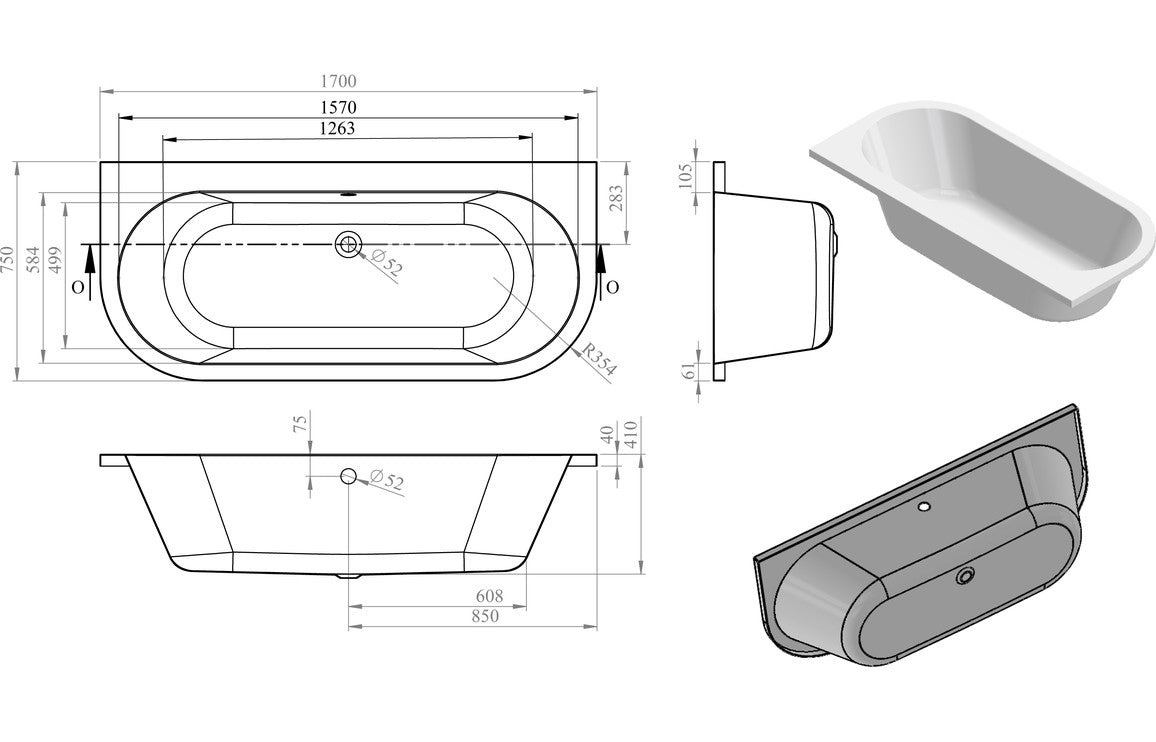 Carreg Ddu Back To Wall 1700x750x600mm 0TH Bath w/Legs