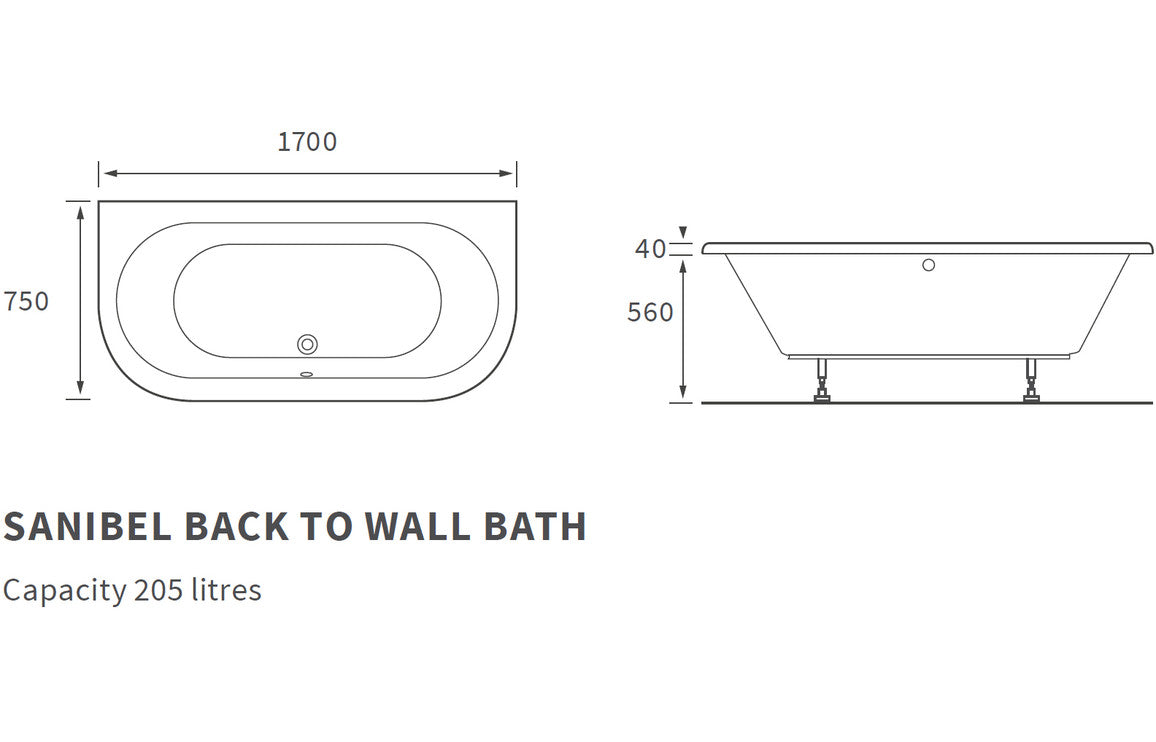 Trojan Curve D Shape Bath 1700x800mm
