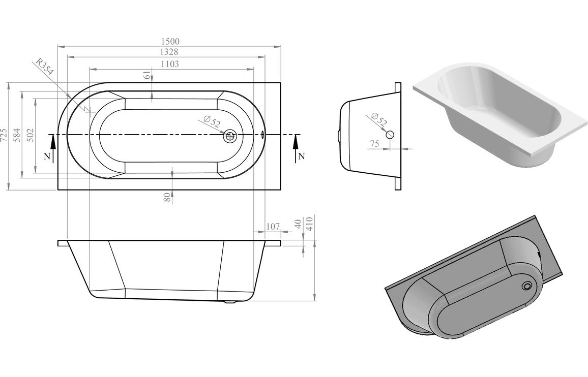 Pontsticill J Shape 1500x725x600mm 0TH Bath w/Legs