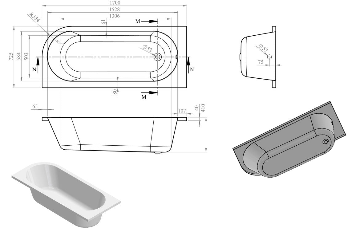 Pontsticill J Shape 1700x725x600mm 0TH Bath w/Legs