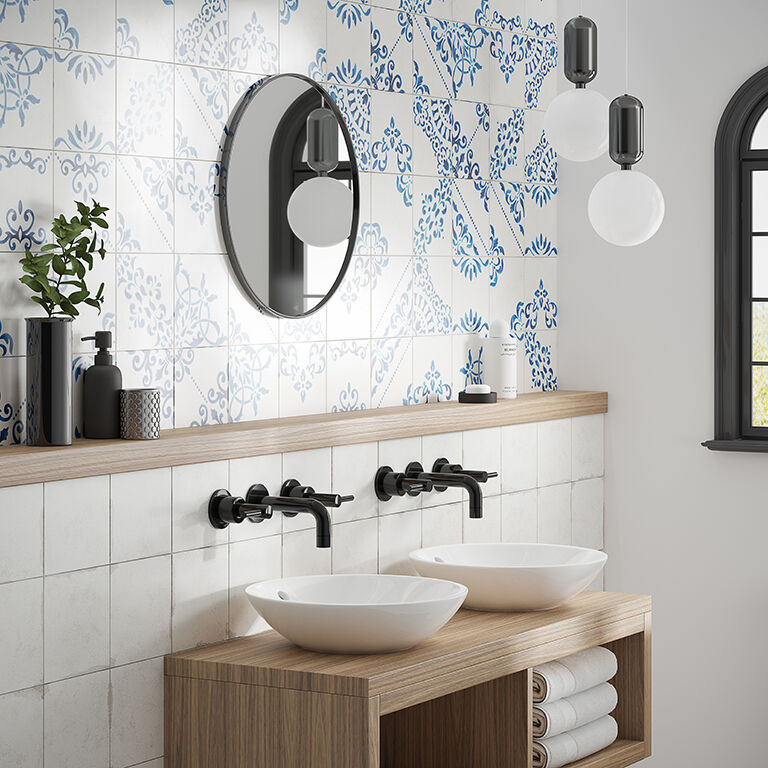 Crafted Blanc Bleu Patchwork Wall and Floor Tile 18x18cm