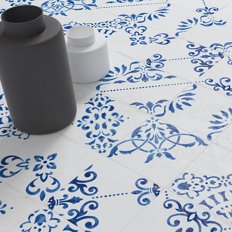 Crafted Blanc Bleu Patchwork Wall and Floor Tile 18x18cm