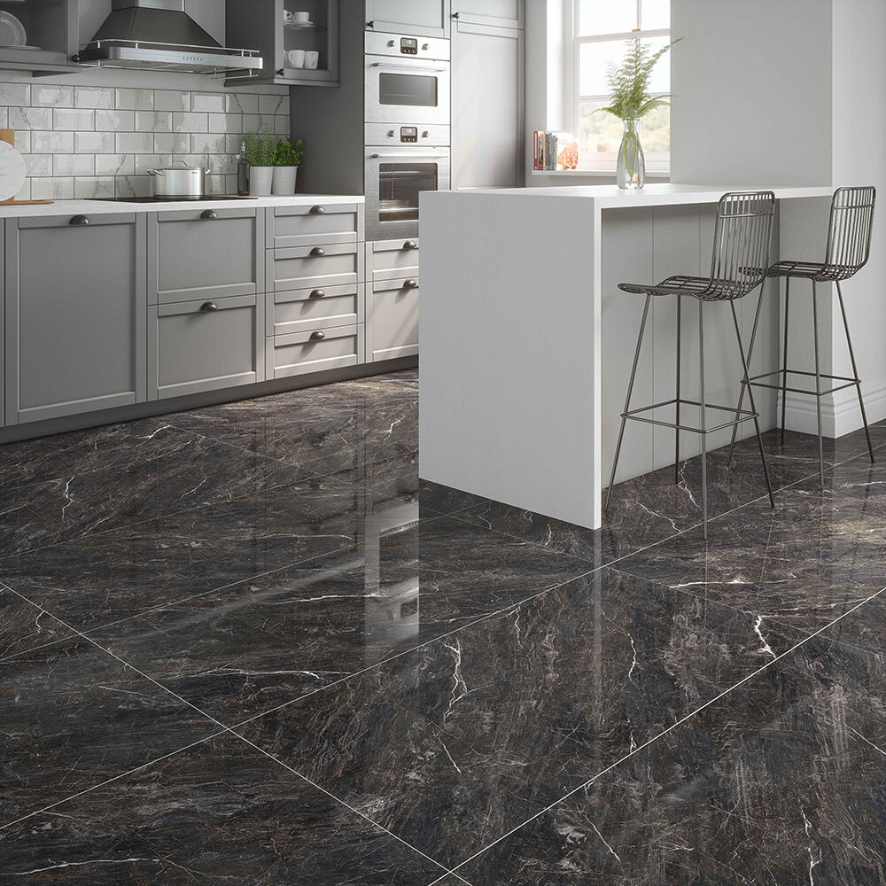 Verona Zeus Midnight Black Glazed Porcelain Wall & Floor Tile 60x120cm