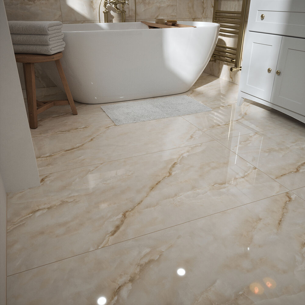 Athena Pearl Glazed Porcelain Marble Effect Tile 60x120cm