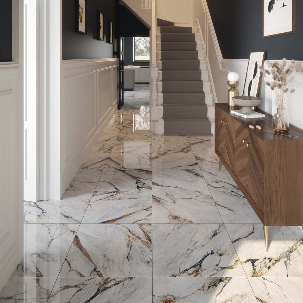 Hestia Viola Marble Glazed Porcelain Marble Effect Tile 60x60cm