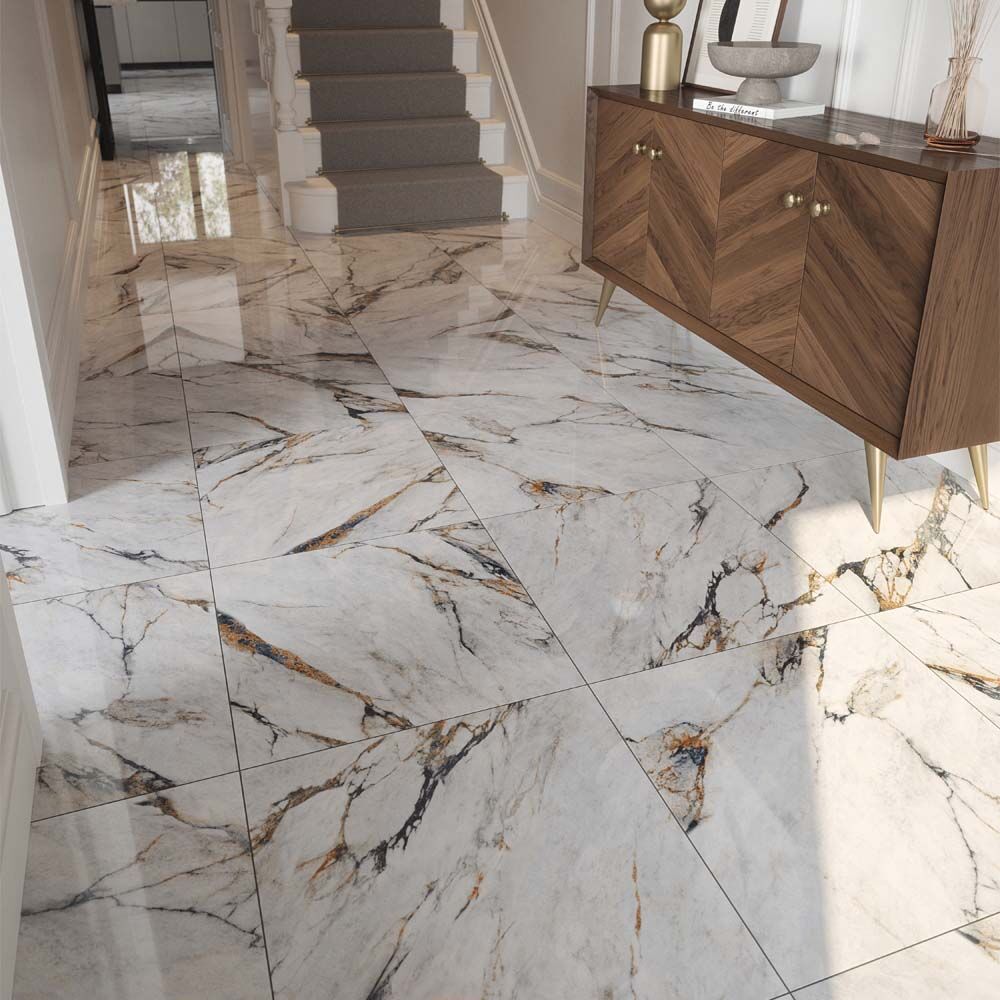 Hestia Viola Marble Glazed Porcelain Marble Effect Tile 60x60cm
