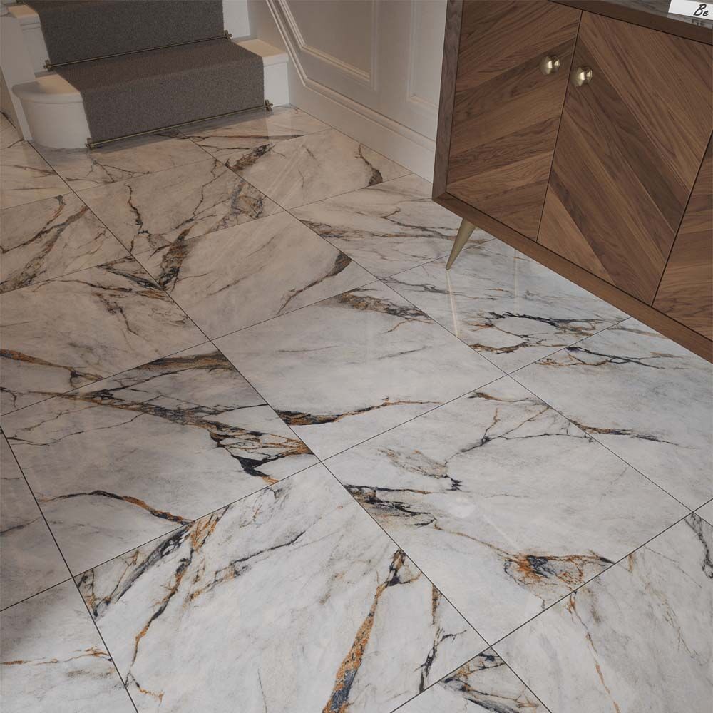 Hestia Viola Marble Glazed Porcelain Marble Effect Tile 60x60cm
