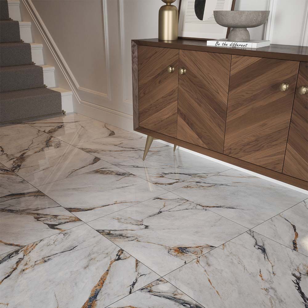 Hestia Viola Marble Glazed Porcelain Marble Effect Tile 60x60cm