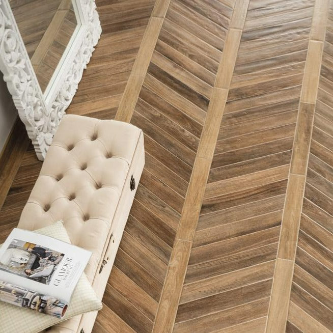 Rondine Vintage Chevron Brune Wood Effect Tile 7.5x40.7cm