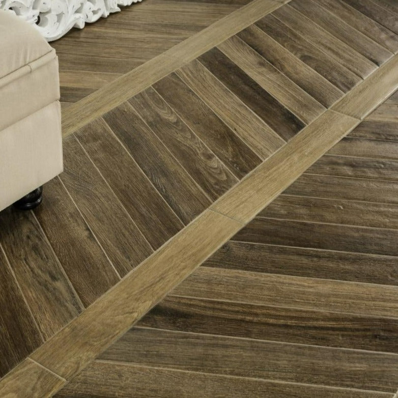 Rondine Vintage Chevron Brune Wood Effect Tile 7.5x40.7cm