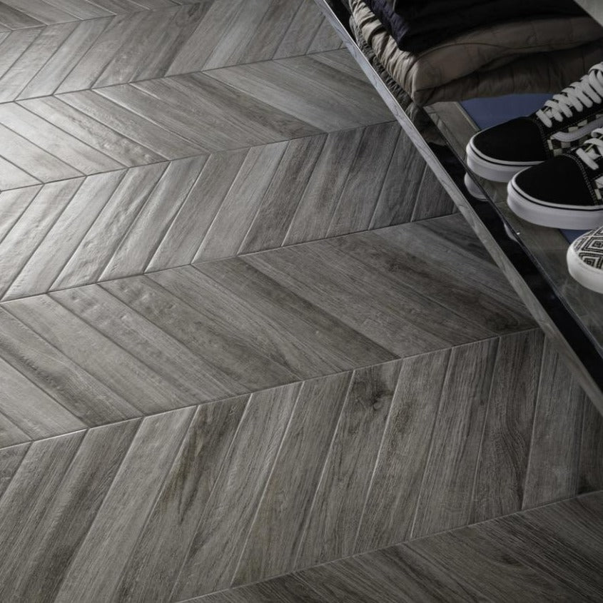 Rondine Vintage Chevron Grey Wood Effect Tile 7.5x40.7cm