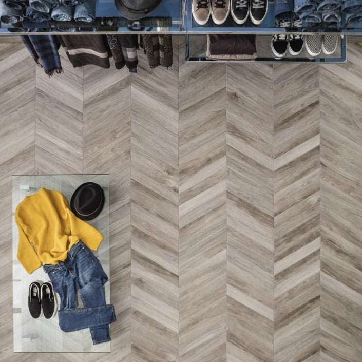 Rondine Vintage Chevron Grey Wood Effect Tile 7.5x40.7cm