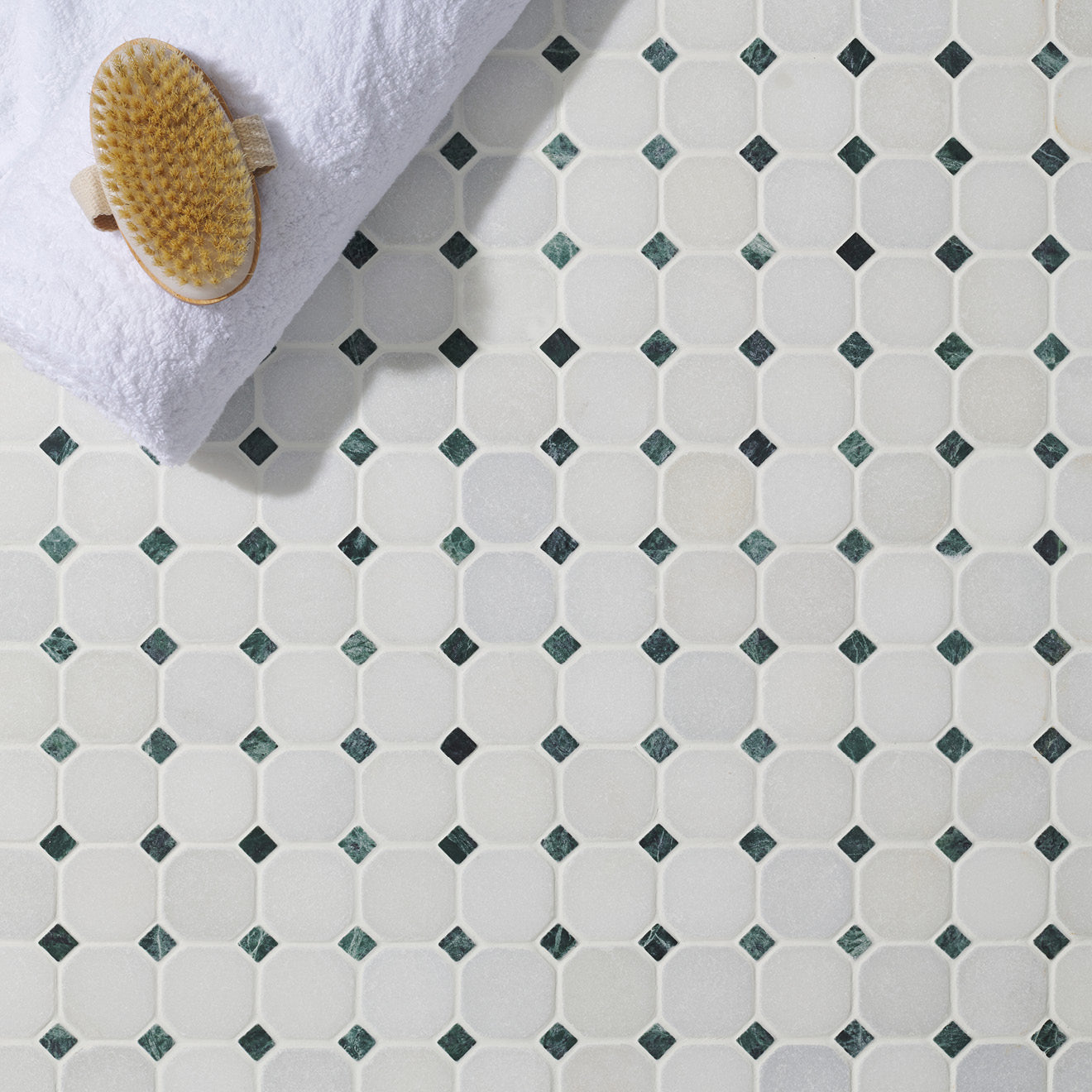 Venetian White & Green Octagon Mosaic Floor Tile 30x30cm