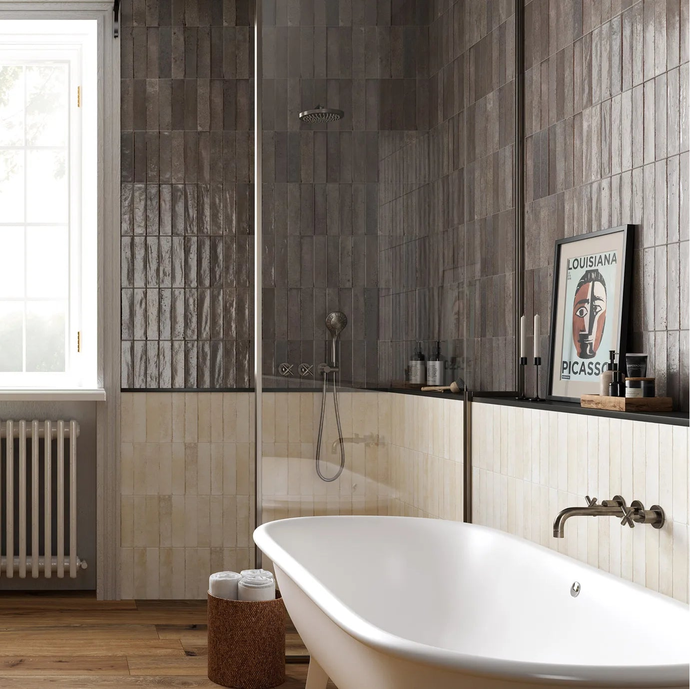 Modern bathroom with a freestanding bathtub, sink, and large window.