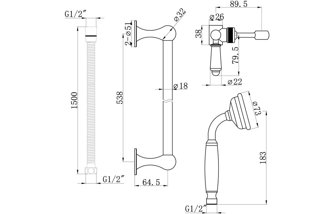 Berlington Traditional Chrome Slide Rail Kit and Handset-Shower Rail Kits-DICM0556-