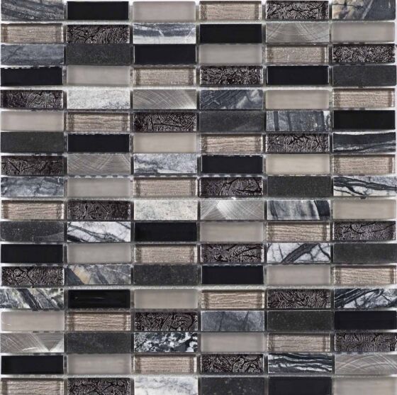 Decadent Glass/Stone & Metal Mix Linear Mosaic Wall Tile 30x30cm