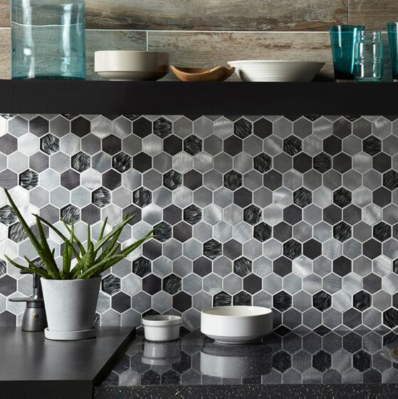 Verona Colby Black Mix Glass & Metal Hexagon Mosaic Wall Tile 30x30cm